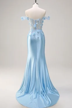 Céu azul fora do ombro sereia espartilho floral longo vestido de baile com flores 3D
