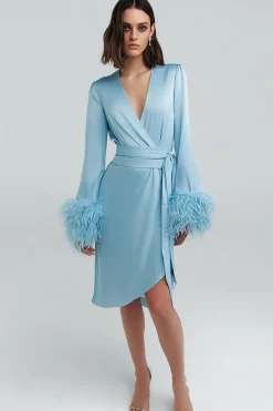 Céu Azul Pena V Pescoço Cetim Vestido de Trabalho