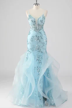 Céu Azul Sereia Esparguete Alças Sequin Corset Longo Vestido de Baile com Folhos