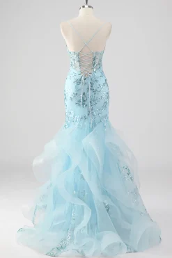 Céu Azul Sereia Esparguete Alças Sequin Corset Longo Vestido de Baile com Folhos