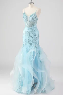 Céu Azul Sereia Esparguete Alças Sequin Corset Longo Vestido de Baile com Folhos