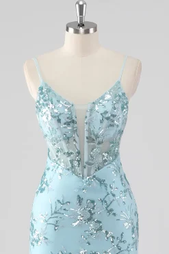 Céu Azul Sereia Esparguete Alças Sequin Corset Longo Vestido de Baile com Folhos