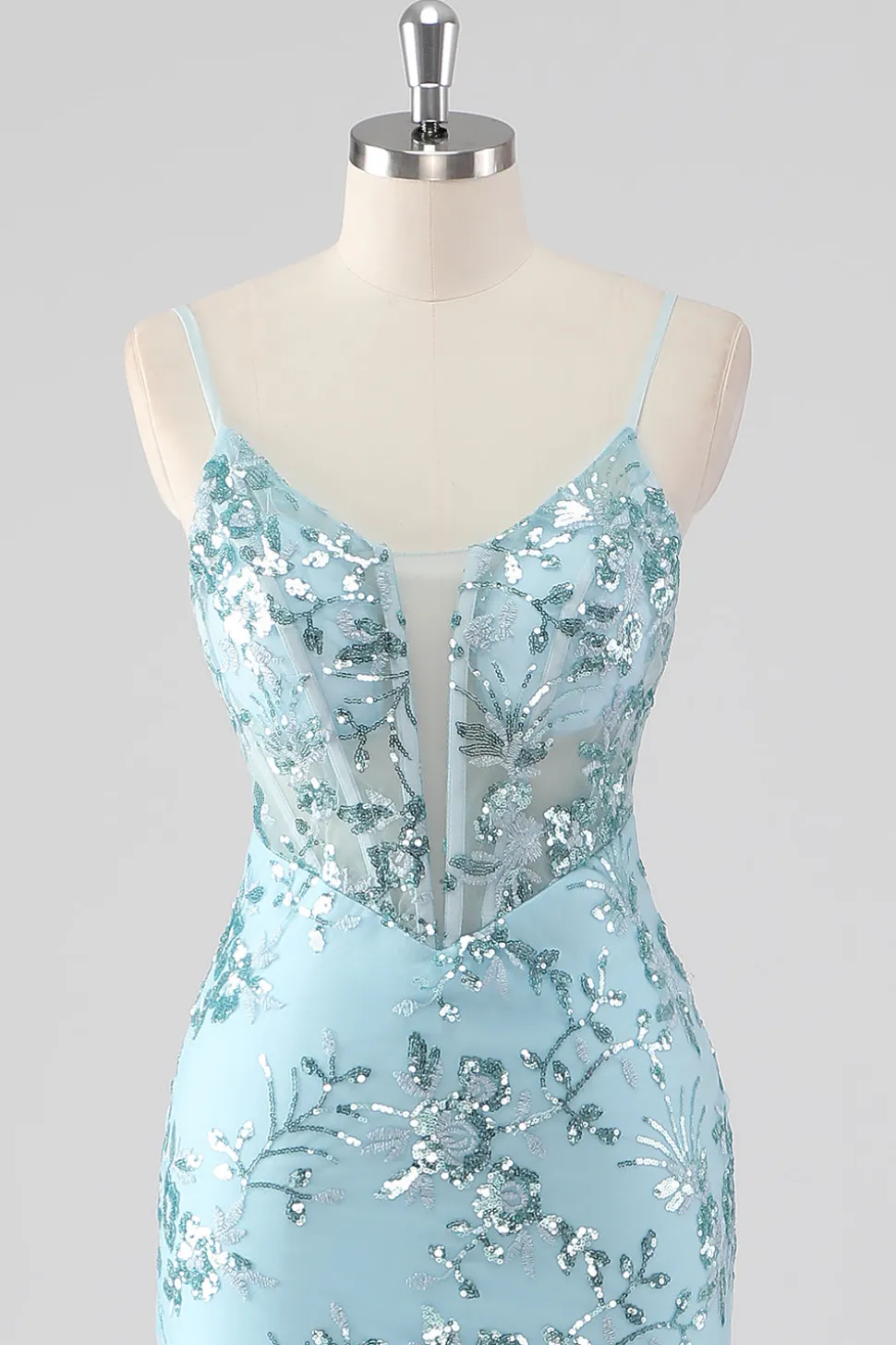 Céu Azul Sereia Esparguete Alças Sequin Corset Longo Vestido de Baile com Folhos