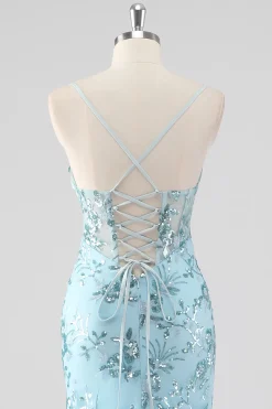 Céu Azul Sereia Esparguete Alças Sequin Corset Longo Vestido de Baile com Folhos