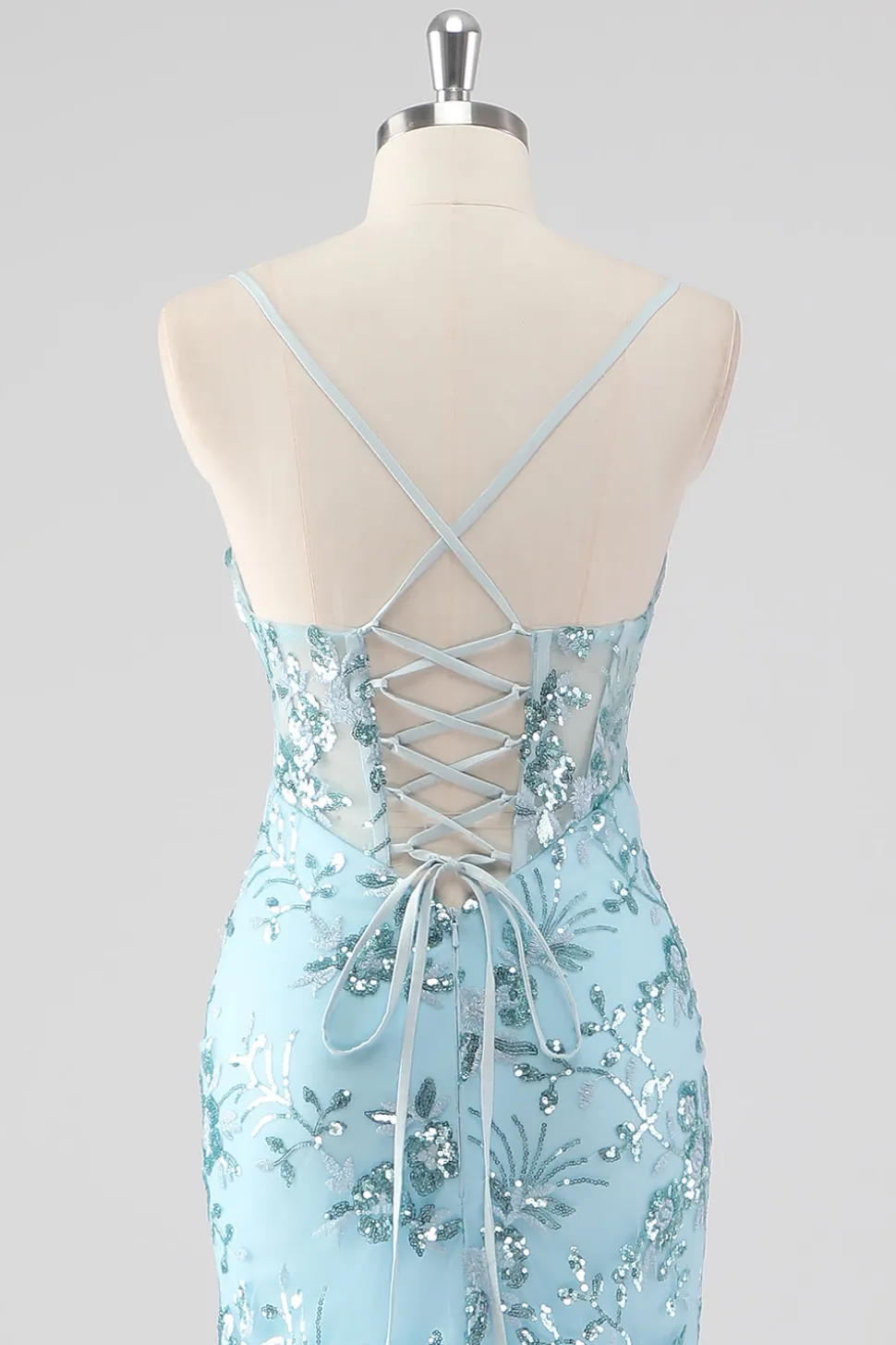Céu Azul Sereia Esparguete Alças Sequin Corset Longo Vestido de Baile com Folhos