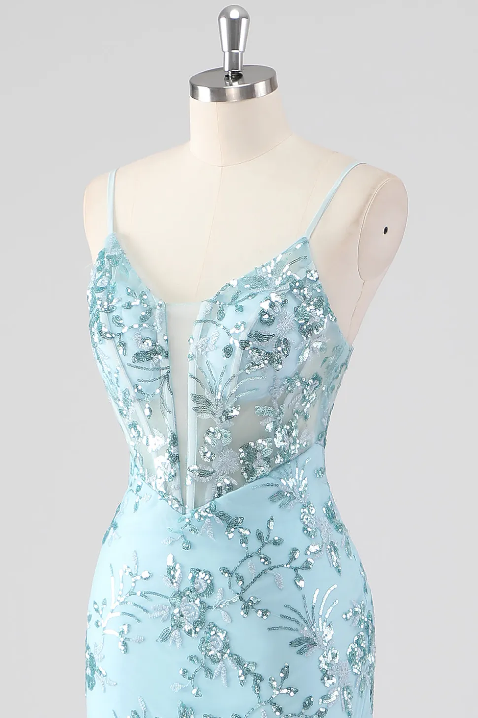 Céu Azul Sereia Esparguete Alças Sequin Corset Longo Vestido de Baile com Folhos