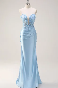 Céu azul sereia sem alças vestido de baile de lantejoulas com apliques