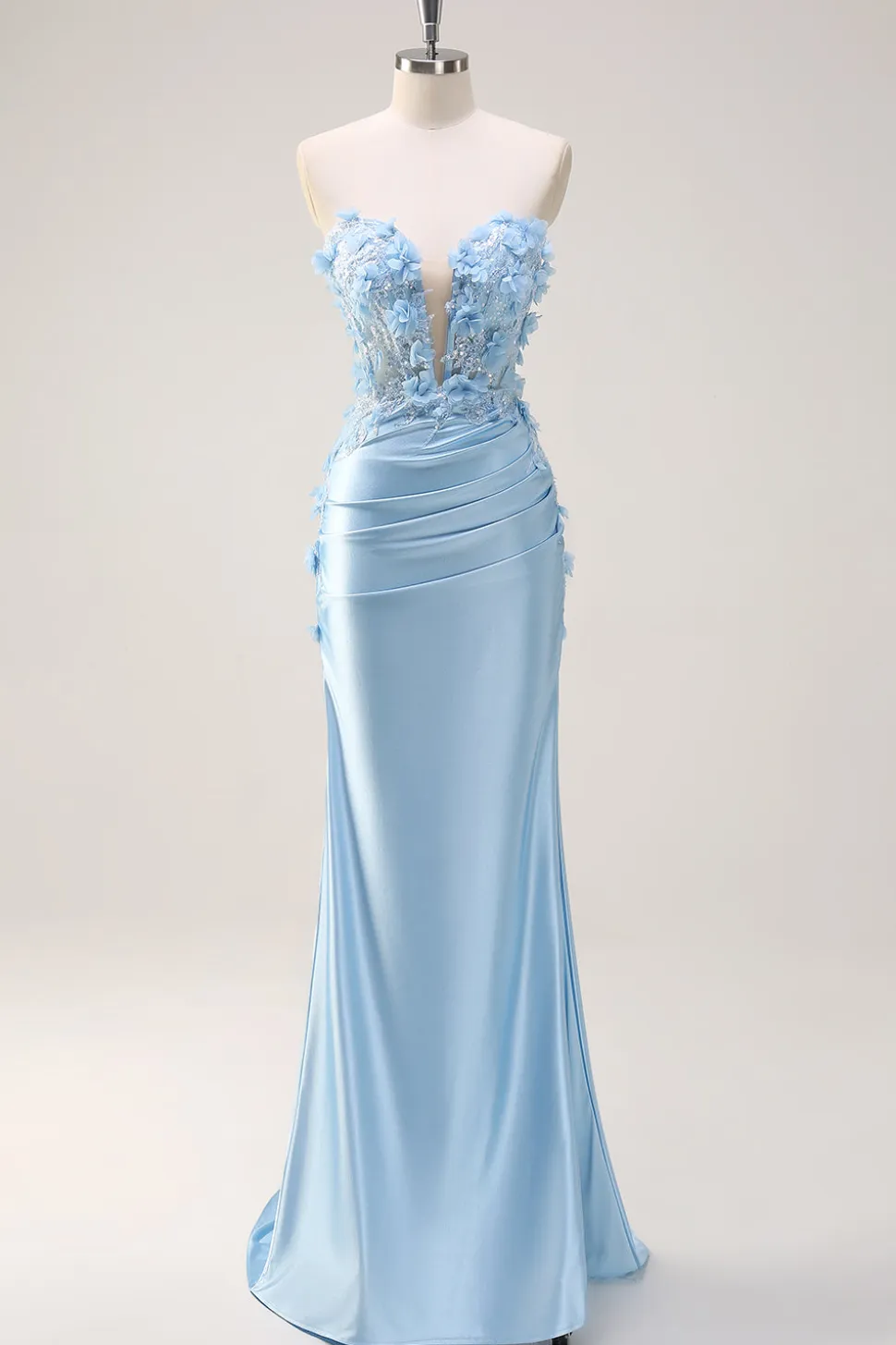 Céu azul sereia sem alças vestido de baile de lantejoulas com apliques