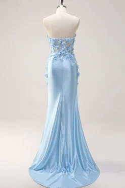 Céu azul sereia sem alças vestido de baile de lantejoulas com apliques