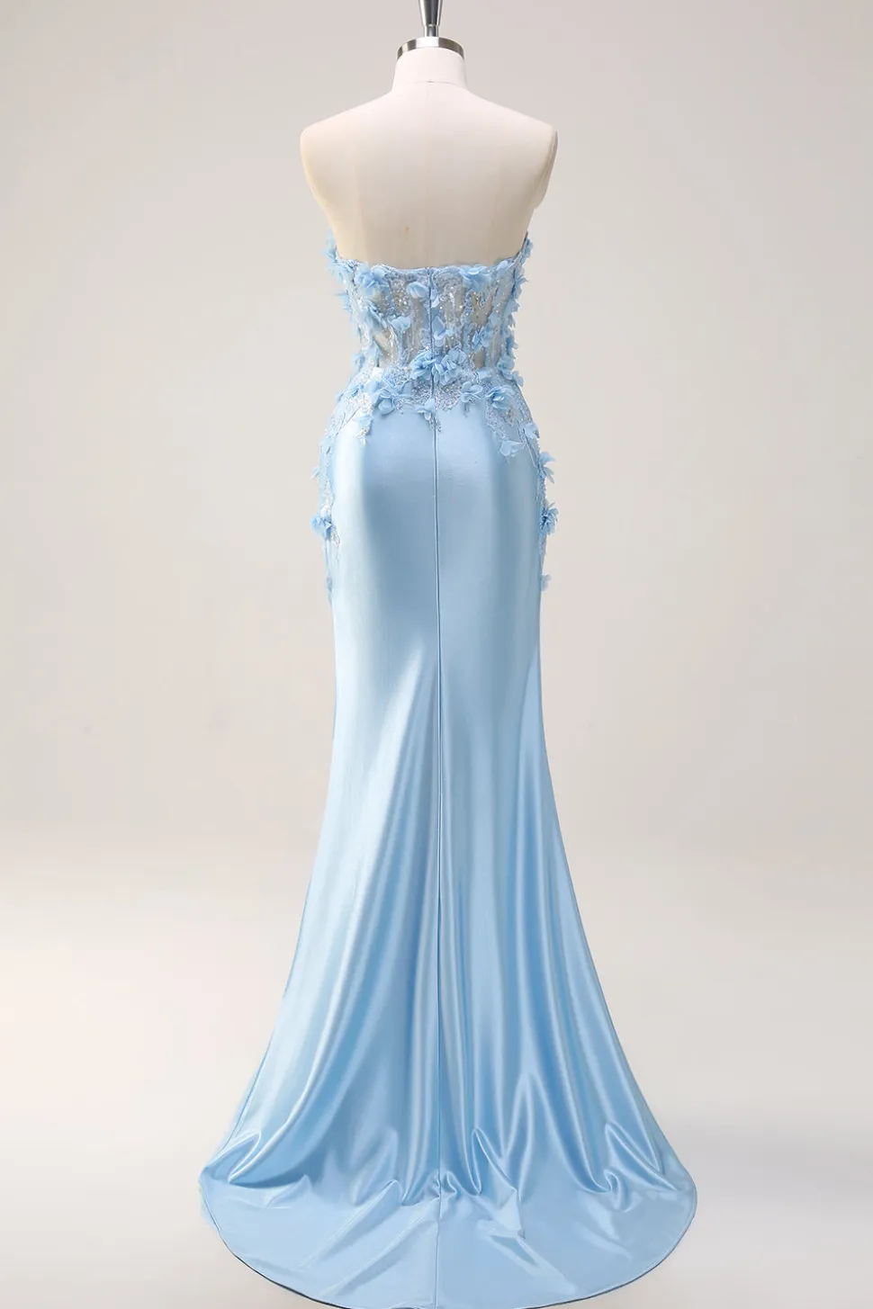Céu azul sereia sem alças vestido de baile de lantejoulas com apliques