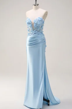Céu azul sereia sem alças vestido de baile de lantejoulas com apliques