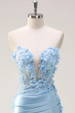 Céu azul sereia sem alças vestido de baile de lantejoulas com apliques