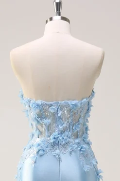 Céu azul sereia sem alças vestido de baile de lantejoulas com apliques