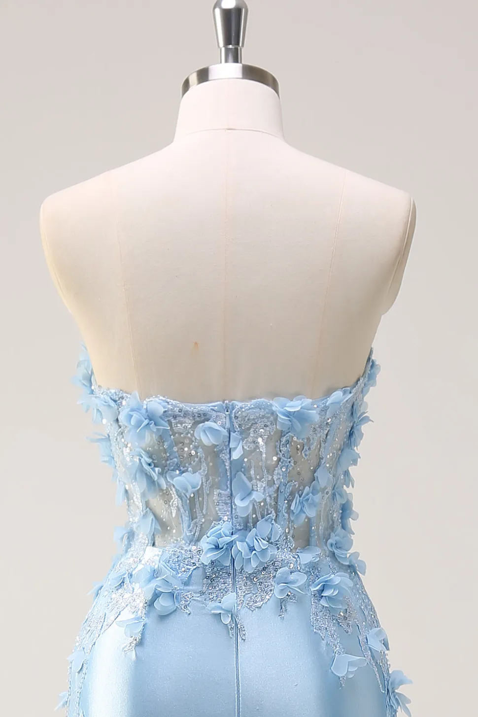 Céu azul sereia sem alças vestido de baile de lantejoulas com apliques