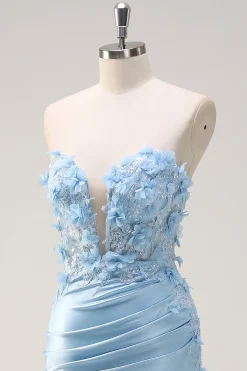 Céu azul sereia sem alças vestido de baile de lantejoulas com apliques