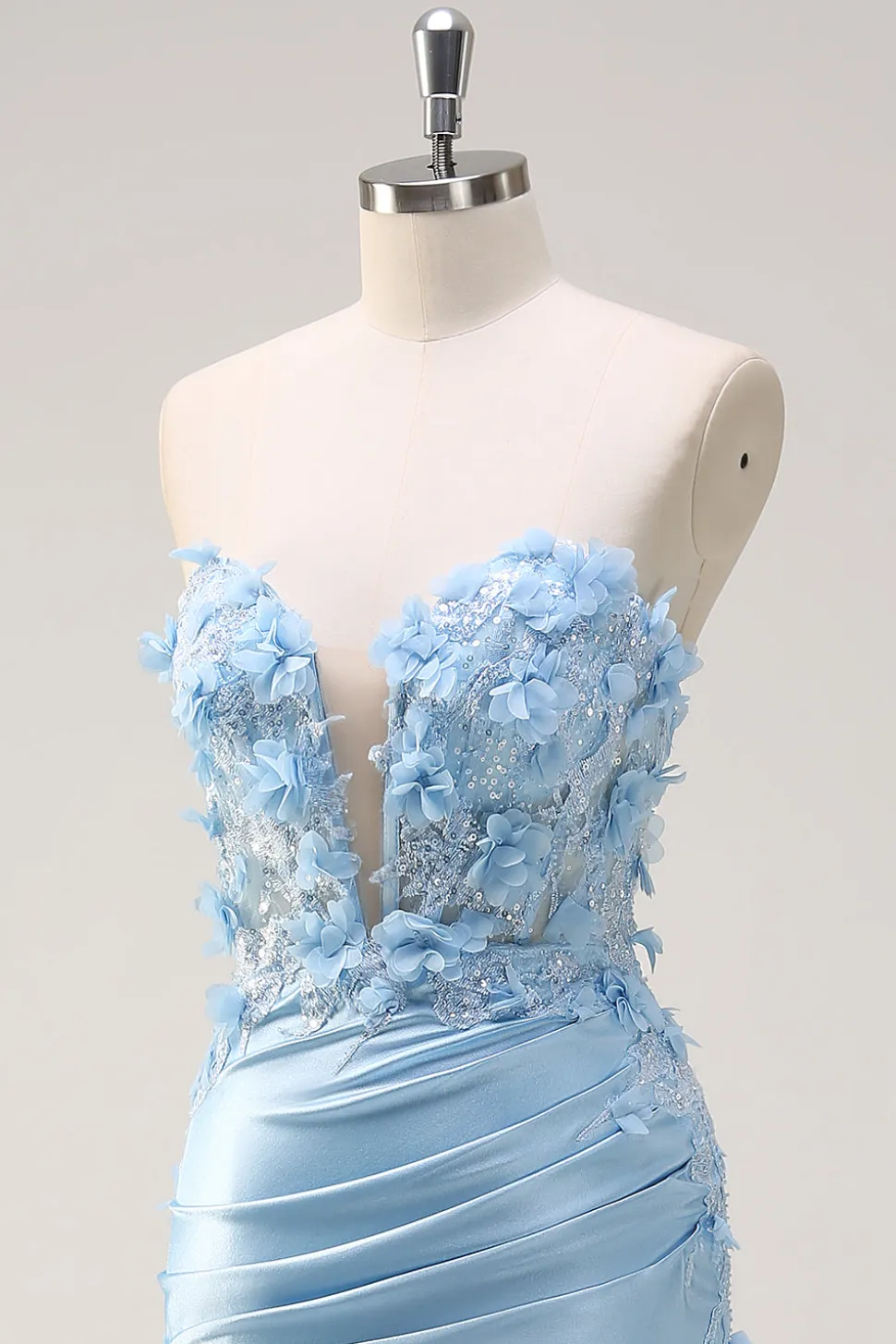 Céu azul sereia sem alças vestido de baile de lantejoulas com apliques