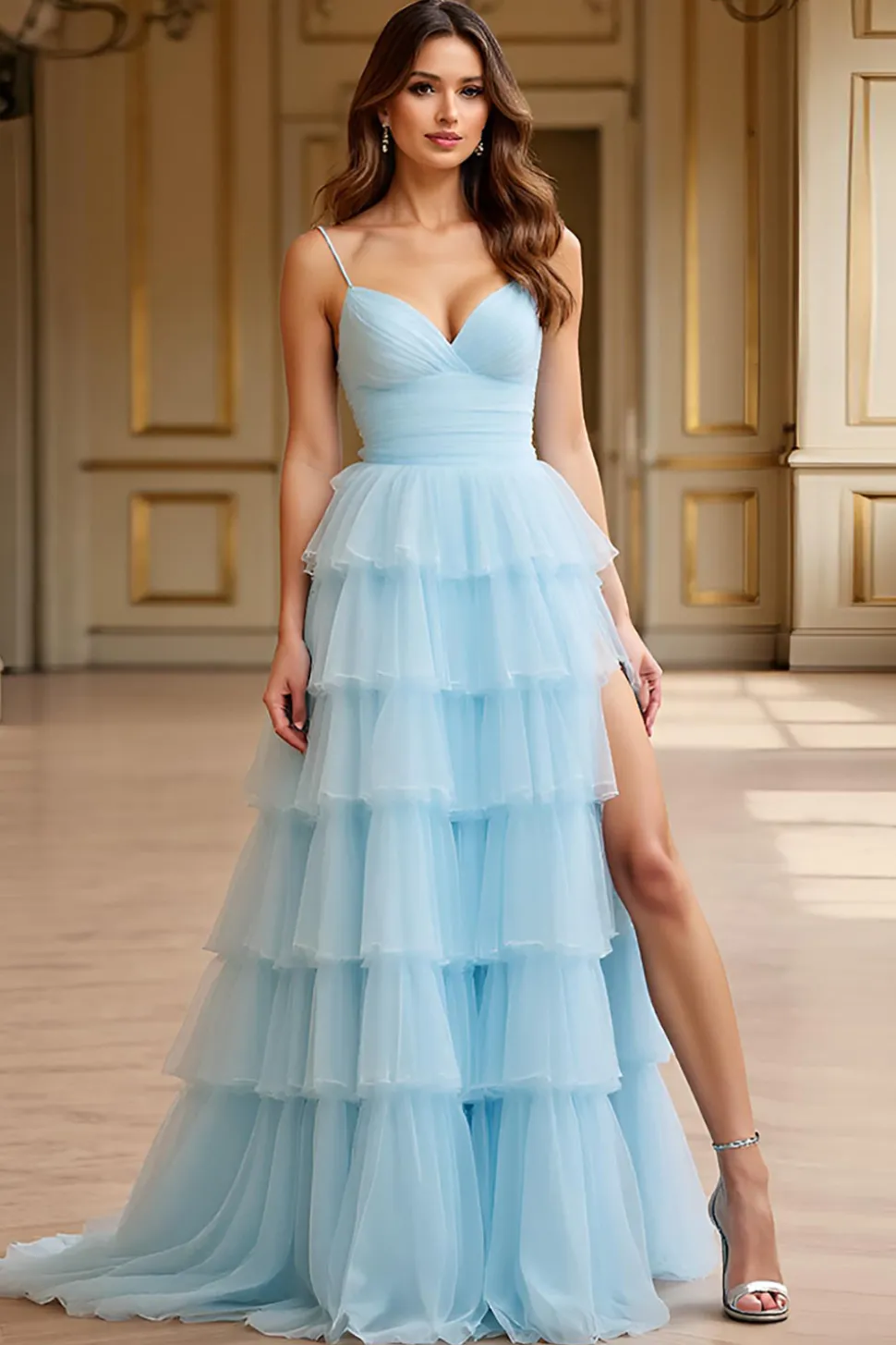 Céu Azul Tule Linha-A Alças Finas Longo Vestido de Baile com Fenda