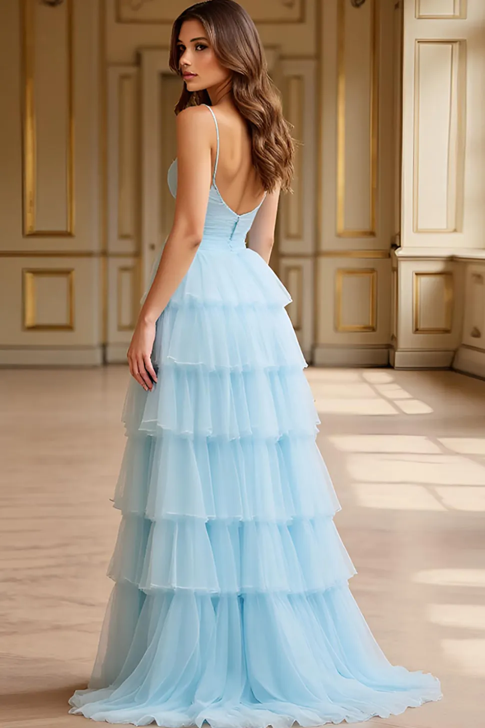 Céu Azul Tule Linha-A Alças Finas Longo Vestido de Baile com Fenda