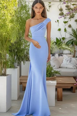 Céu Azul Um Ombro Matte Cetim Sereia Vestido Formal Longo