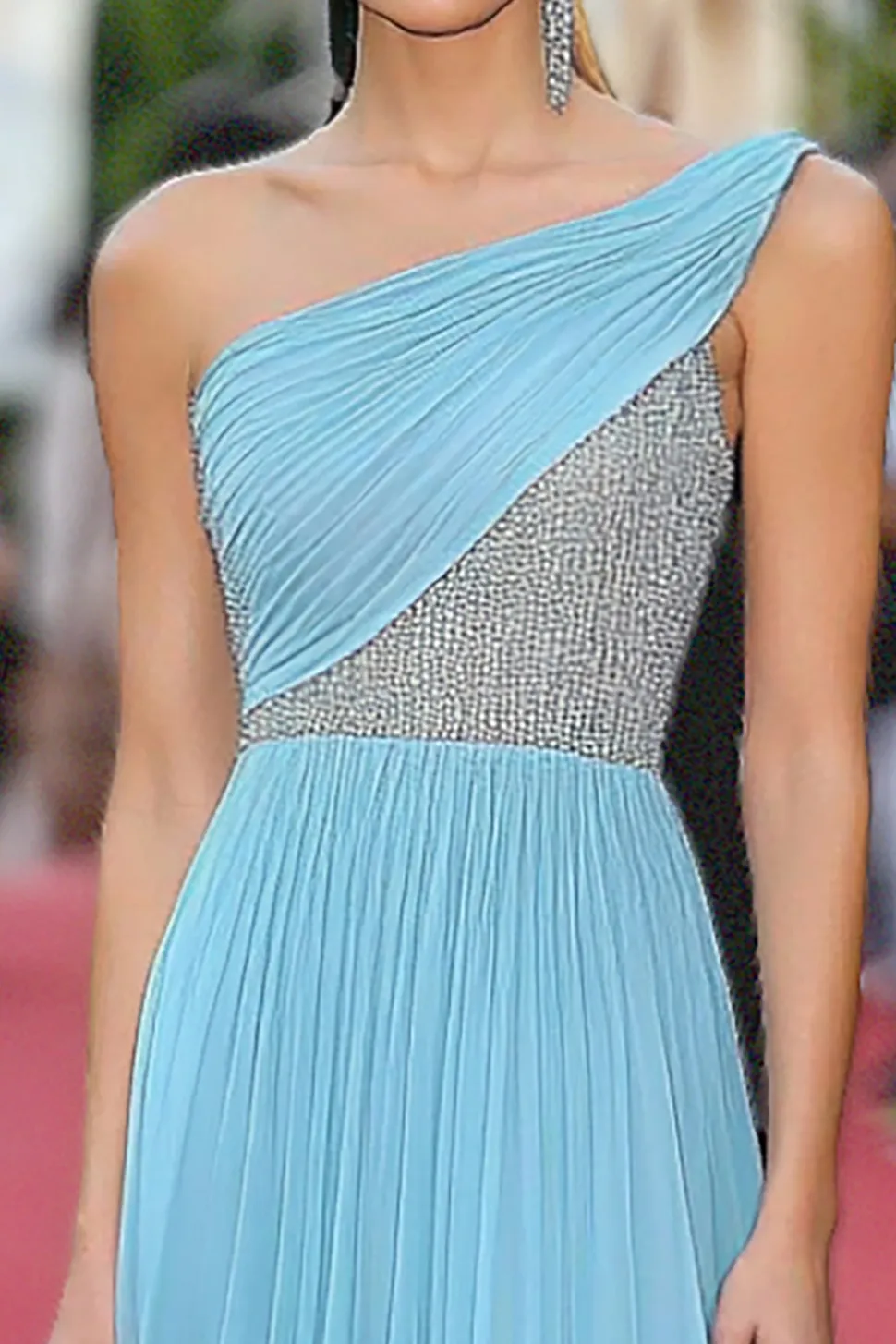 Céu Azul Um Ombro Uma Linha Chiffon Ruched Beaded Gala Dress