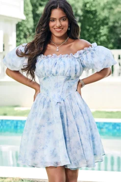 Céu Azul Uma Linha Pescoço Quadrado Print Floral Ruffle Short Homecoming Dress com mangas puff