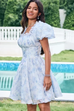 Céu Azul Uma Linha Pescoço Quadrado Print Floral Ruffle Short Homecoming Dress com mangas puff