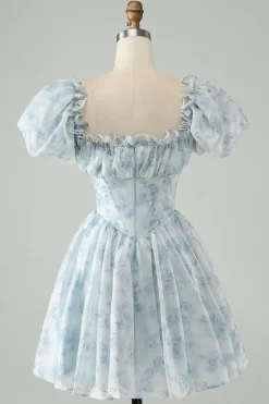 Céu Azul Uma Linha Pescoço Quadrado Print Floral Ruffle Short Homecoming Dress com mangas puff