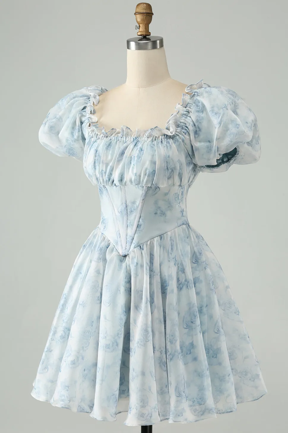 Céu Azul Uma Linha Pescoço Quadrado Print Floral Ruffle Short Homecoming Dress com mangas puff