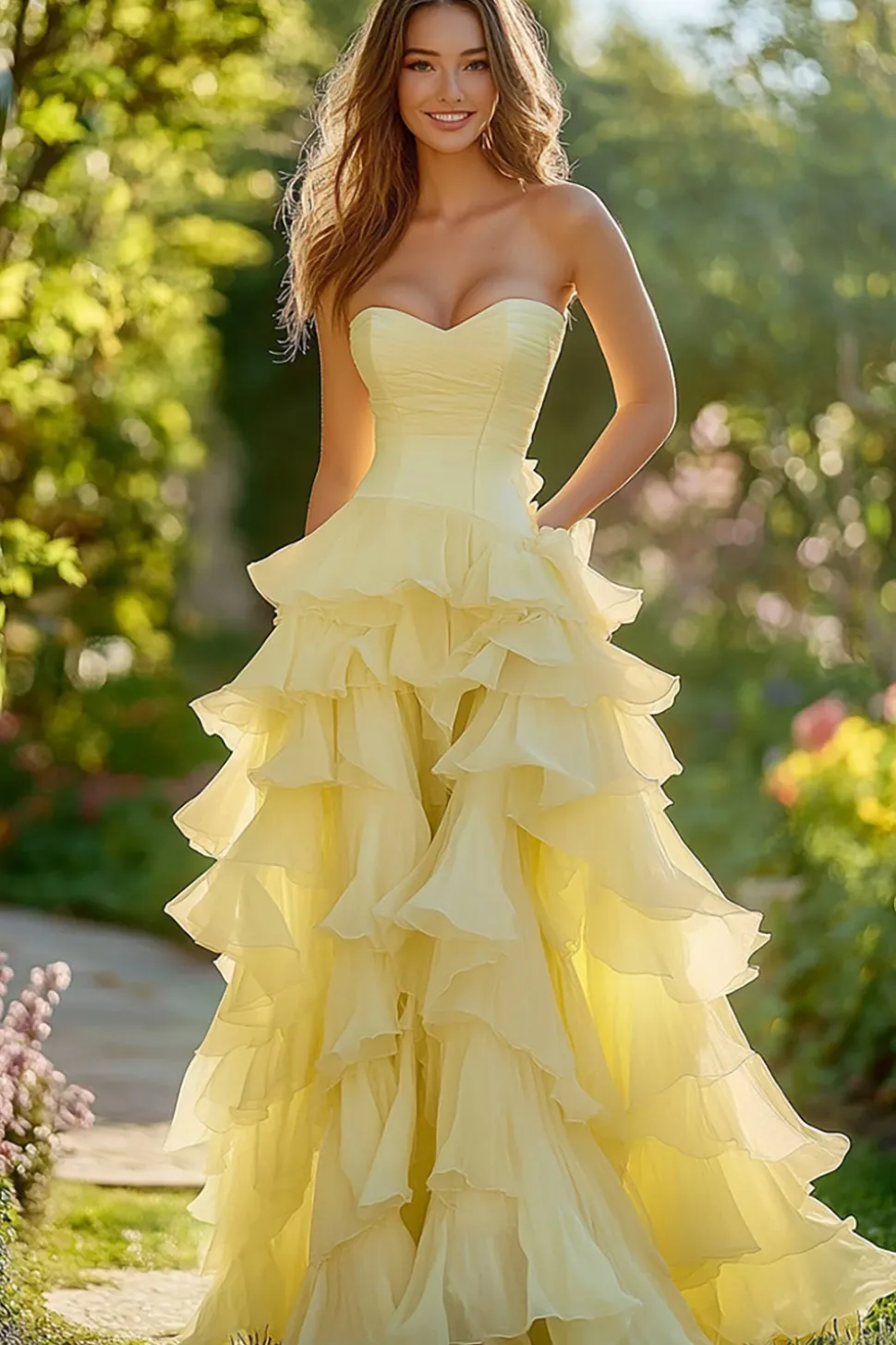 Daffodil A-Line Chiffon Querida babado vestido longo baile