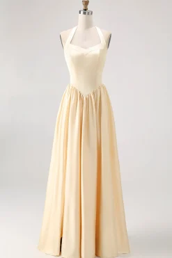 Daffodil Halter Uma linha de cetim vestido de dama de honra