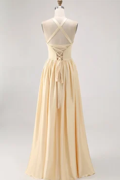 Daffodil Halter Uma linha de cetim vestido de dama de honra