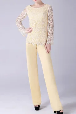Daffodil Mangas Longas Lace Top Mãe da Noiva Pant Suits