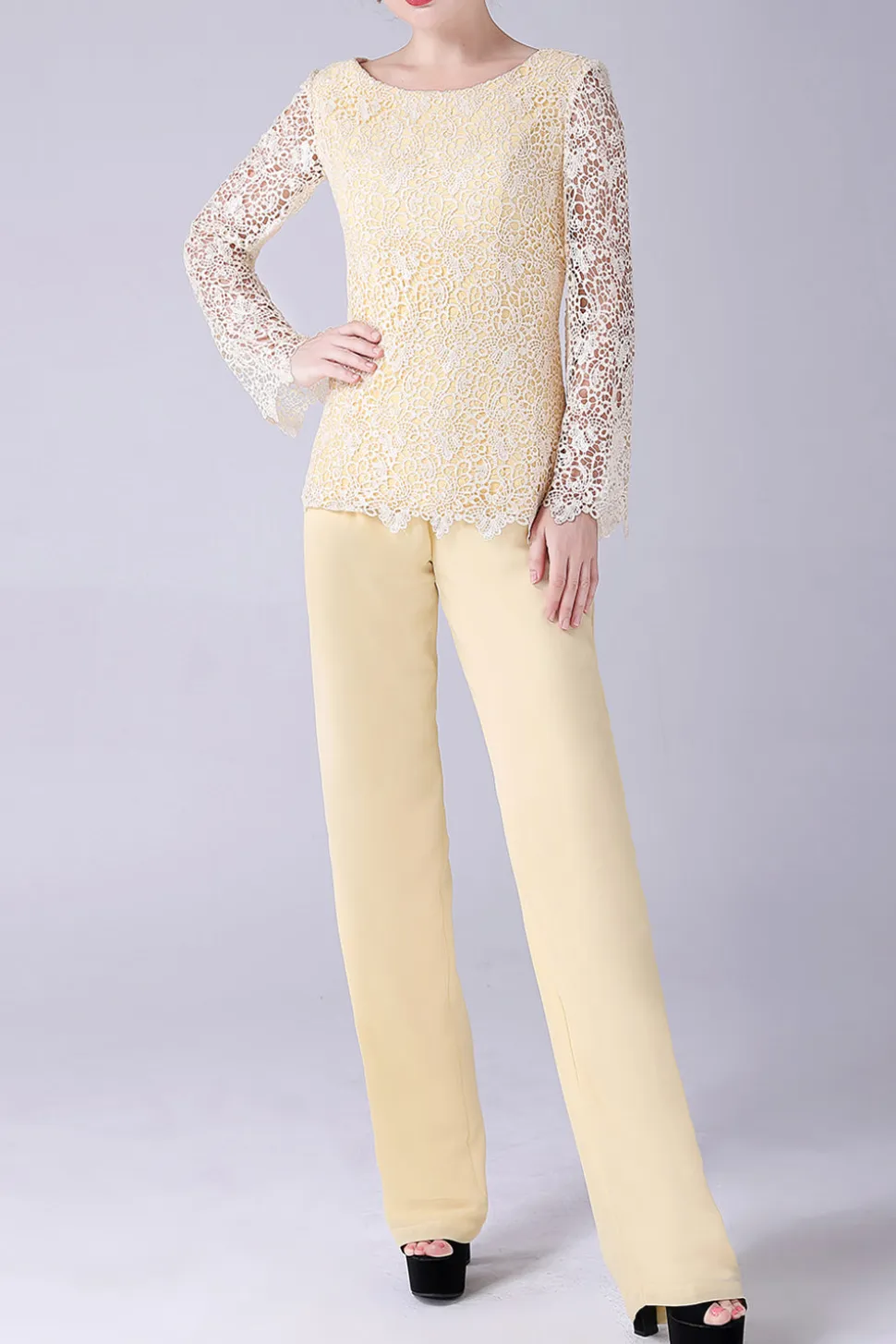 Daffodil Mangas Longas Lace Top Mãe da Noiva Pant Suits