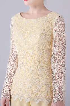 Daffodil Mangas Longas Lace Top Mãe da Noiva Pant Suits