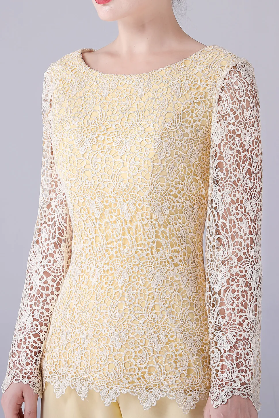 Daffodil Mangas Longas Lace Top Mãe da Noiva Pant Suits