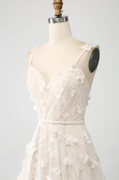 Damasco A Line Spaghetti Straps Appliques Long Wdding Dress with Slit