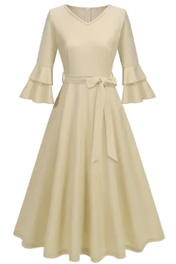 Damasco A-Line V-neck Meia Manga Midi Vestido dos anos 1950