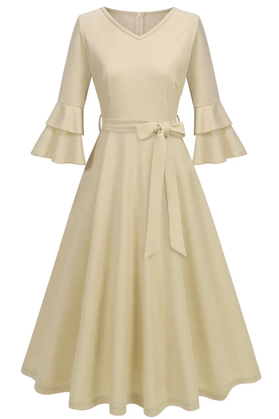 Damasco A-Line V-neck Meia Manga Midi Vestido dos anos 1950