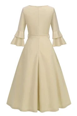 Damasco A-Line V-neck Meia Manga Midi Vestido dos anos 1950