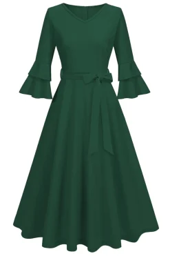 Damasco A-Line V-neck Meia Manga Midi Vestido dos anos 1950