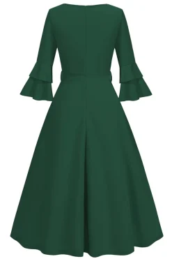 Damasco A-Line V-neck Meia Manga Midi Vestido dos anos 1950