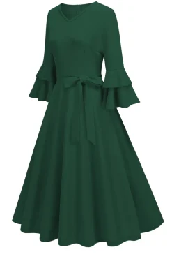 Damasco A-Line V-neck Meia Manga Midi Vestido dos anos 1950