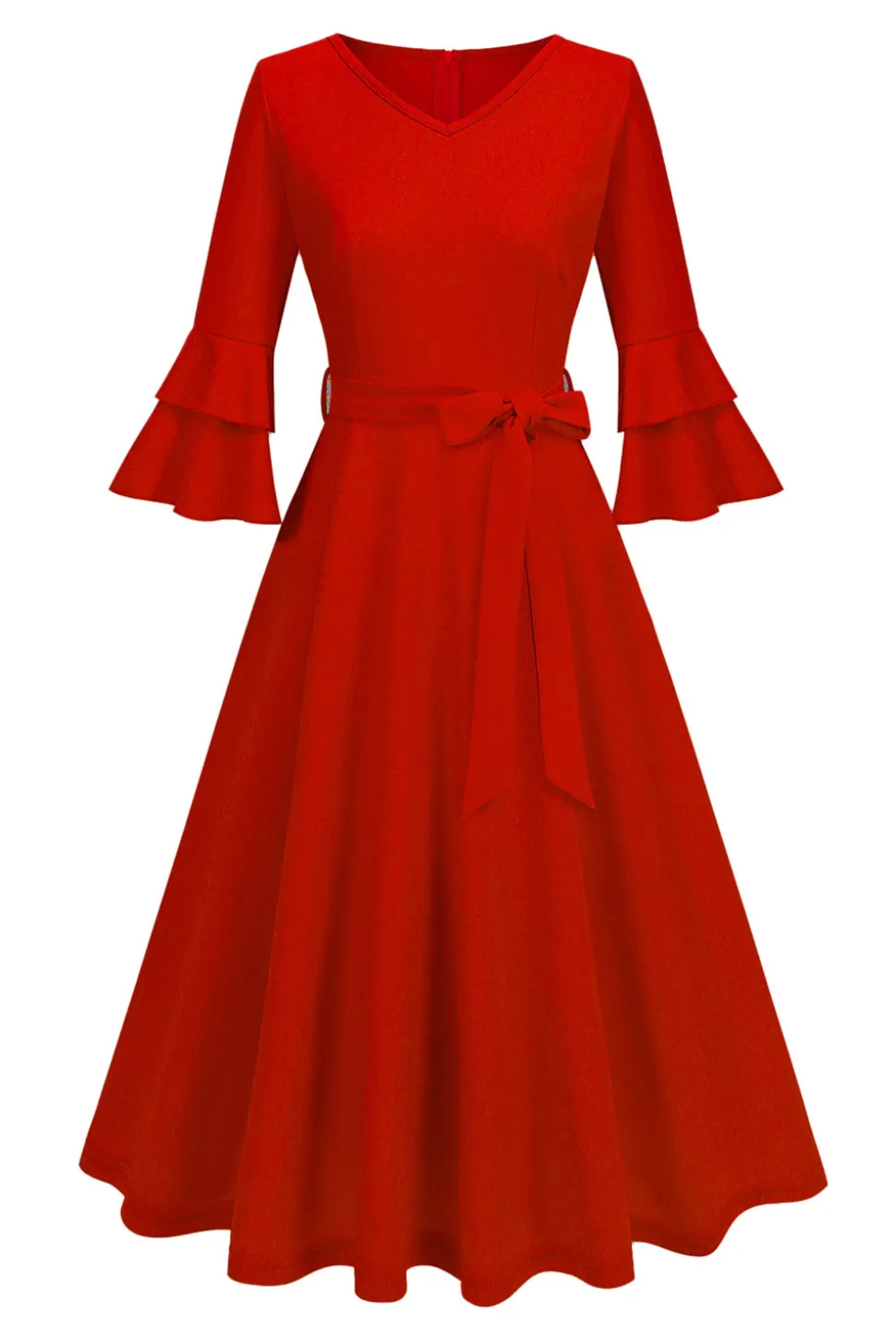 Damasco A-Line V-neck Meia Manga Midi Vestido dos anos 1950
