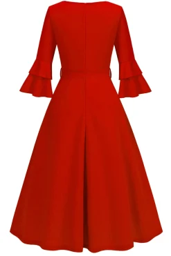 Damasco A-Line V-neck Meia Manga Midi Vestido dos anos 1950