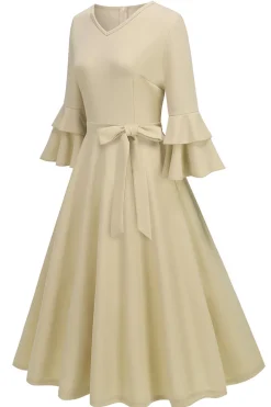 Damasco A-Line V-neck Meia Manga Midi Vestido dos anos 1950