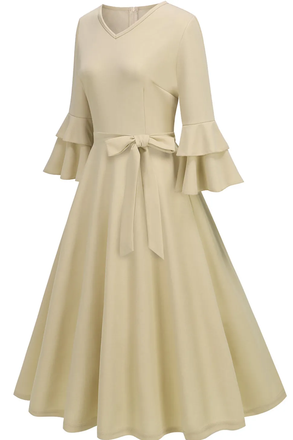Damasco A-Line V-neck Meia Manga Midi Vestido dos anos 1950