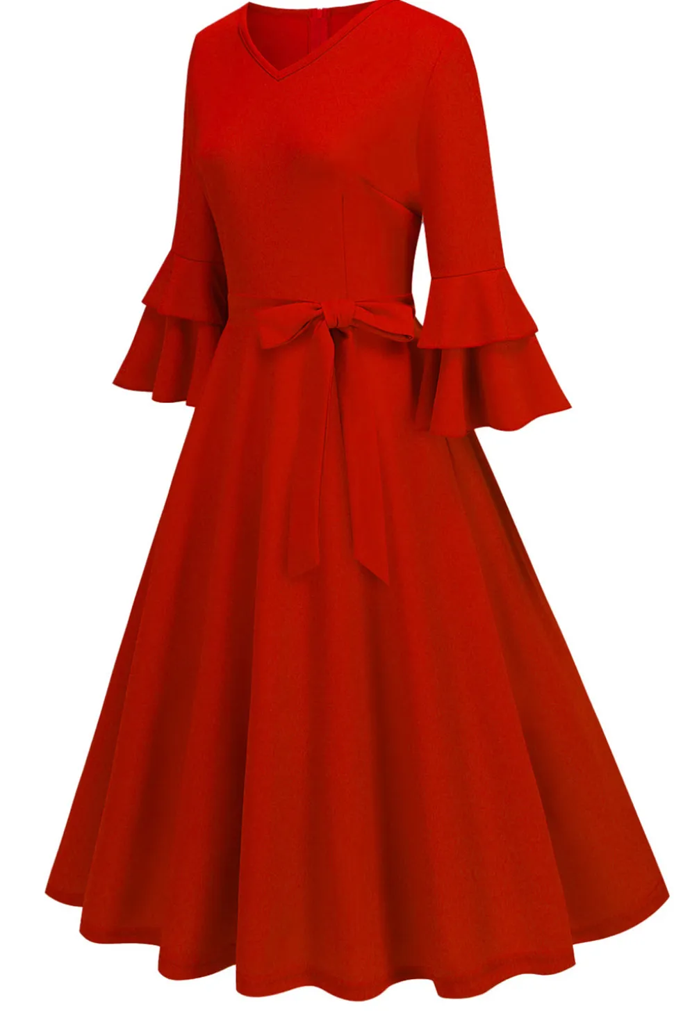 Damasco A-Line V-neck Meia Manga Midi Vestido dos anos 1950