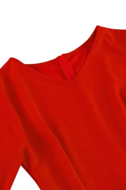 Damasco A-Line V-neck Meia Manga Midi Vestido dos anos 1950