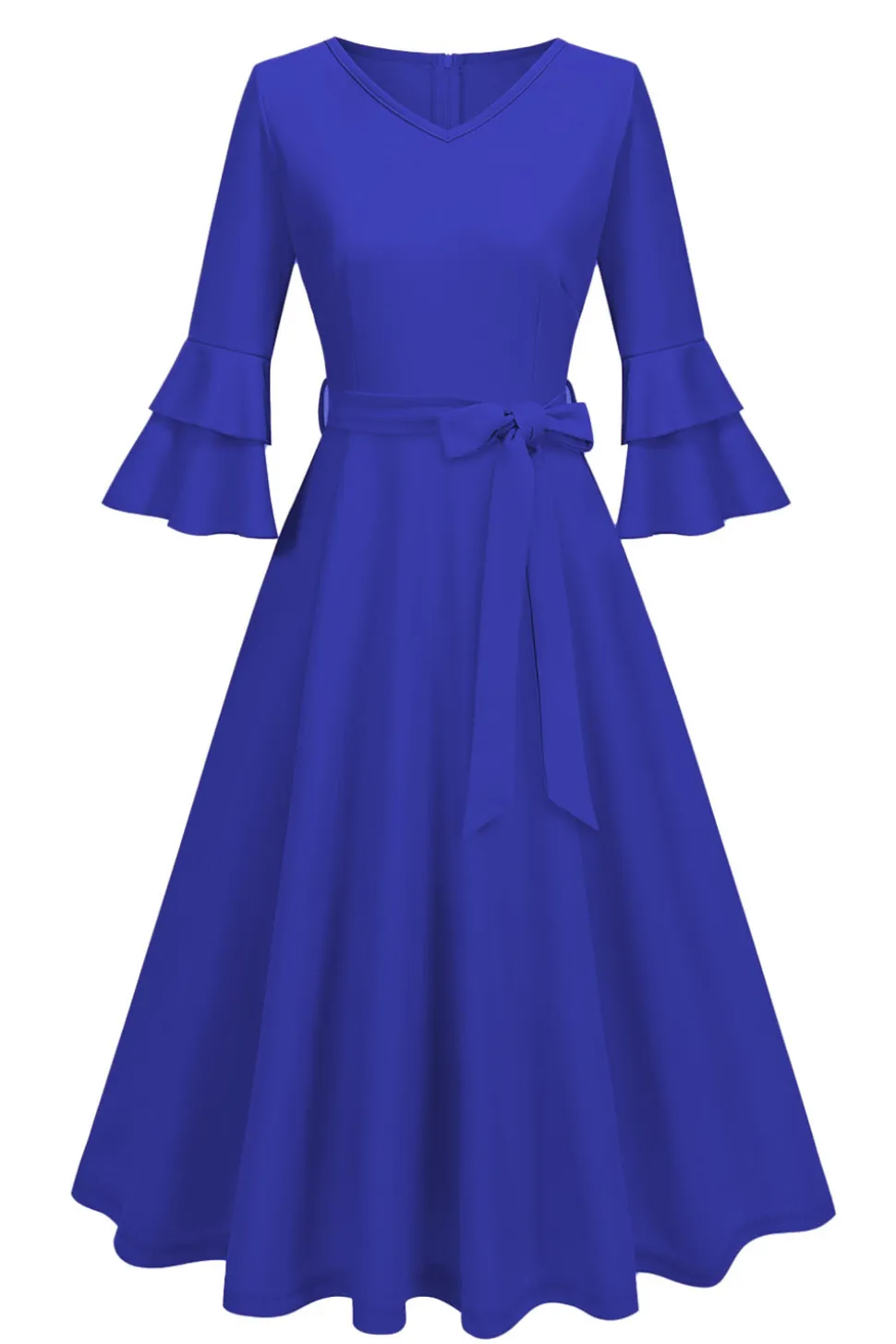 Damasco A-Line V-neck Meia Manga Midi Vestido dos anos 1950