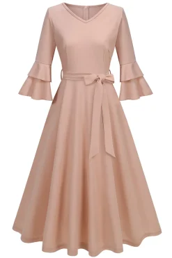 Damasco A-Line V-neck Meia Manga Midi Vestido dos anos 1950